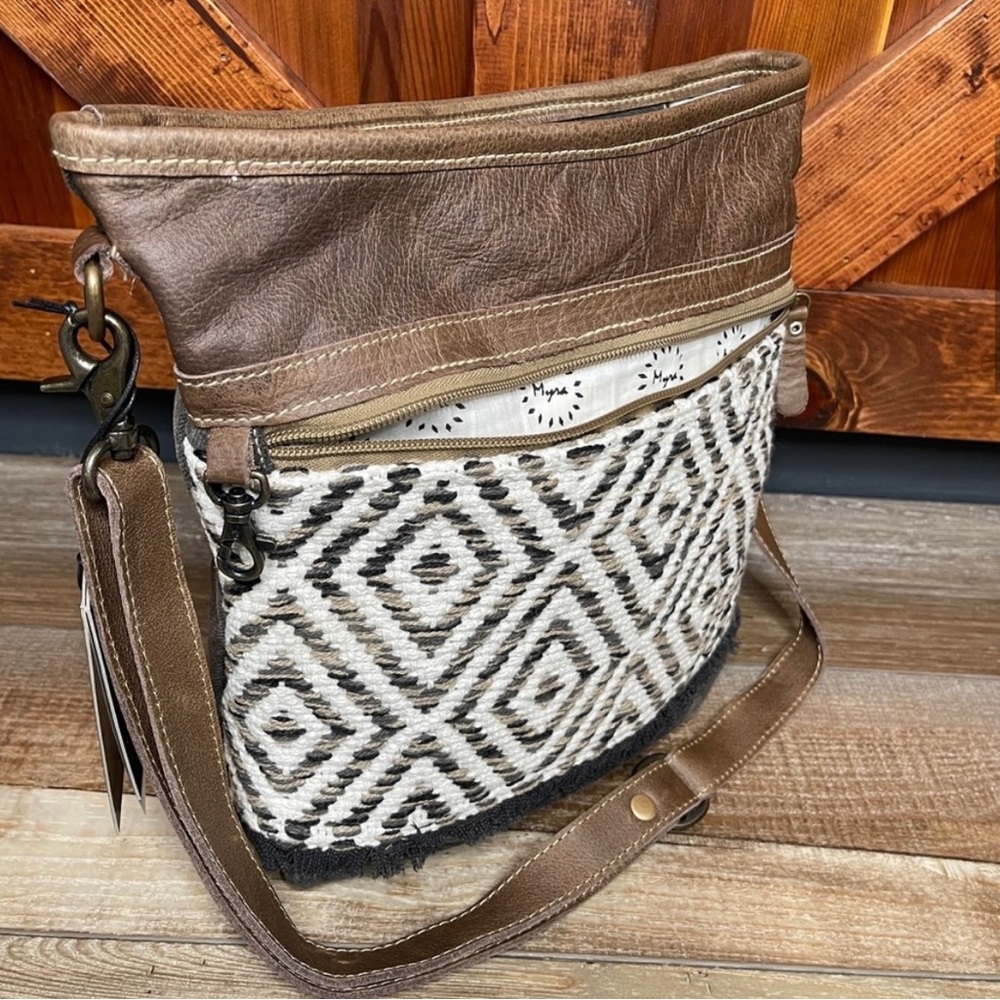 Unique Myra Bag Patterned Shoulder Purse upcycled Canvas, Leather and Fabric